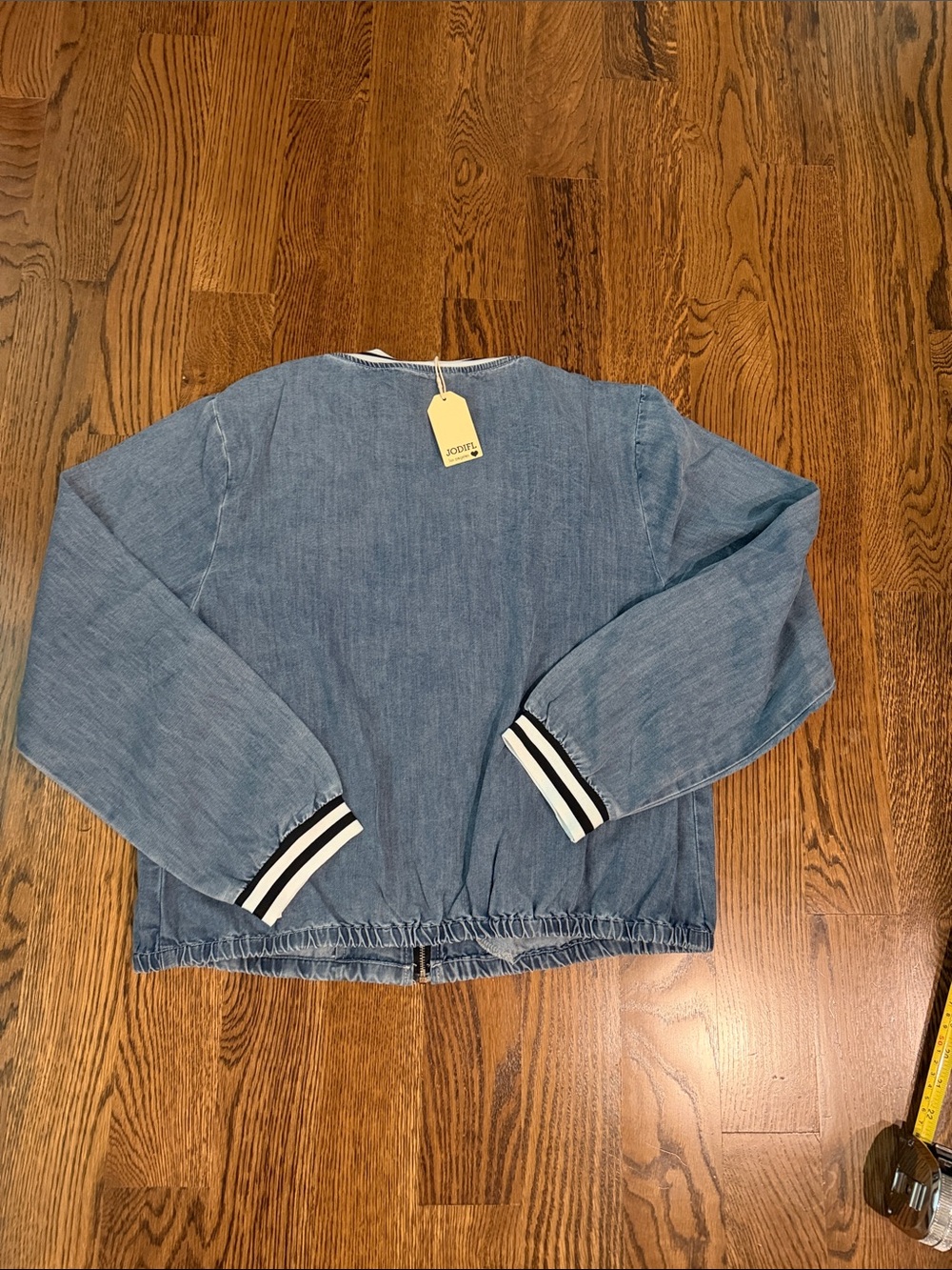 JODIFL Denim Blue Bomber Jacket with Stripe Trim large - Picture 11 of 12